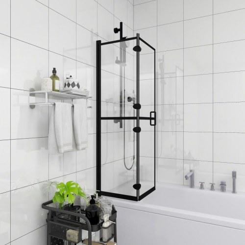 Foldbar brusekabine i sort med sikkerhedsglas monteret på badekar